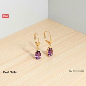 Solid Yellow Gold Leverback Earrings Natural Amethyst Gemstone Elegant Dangle